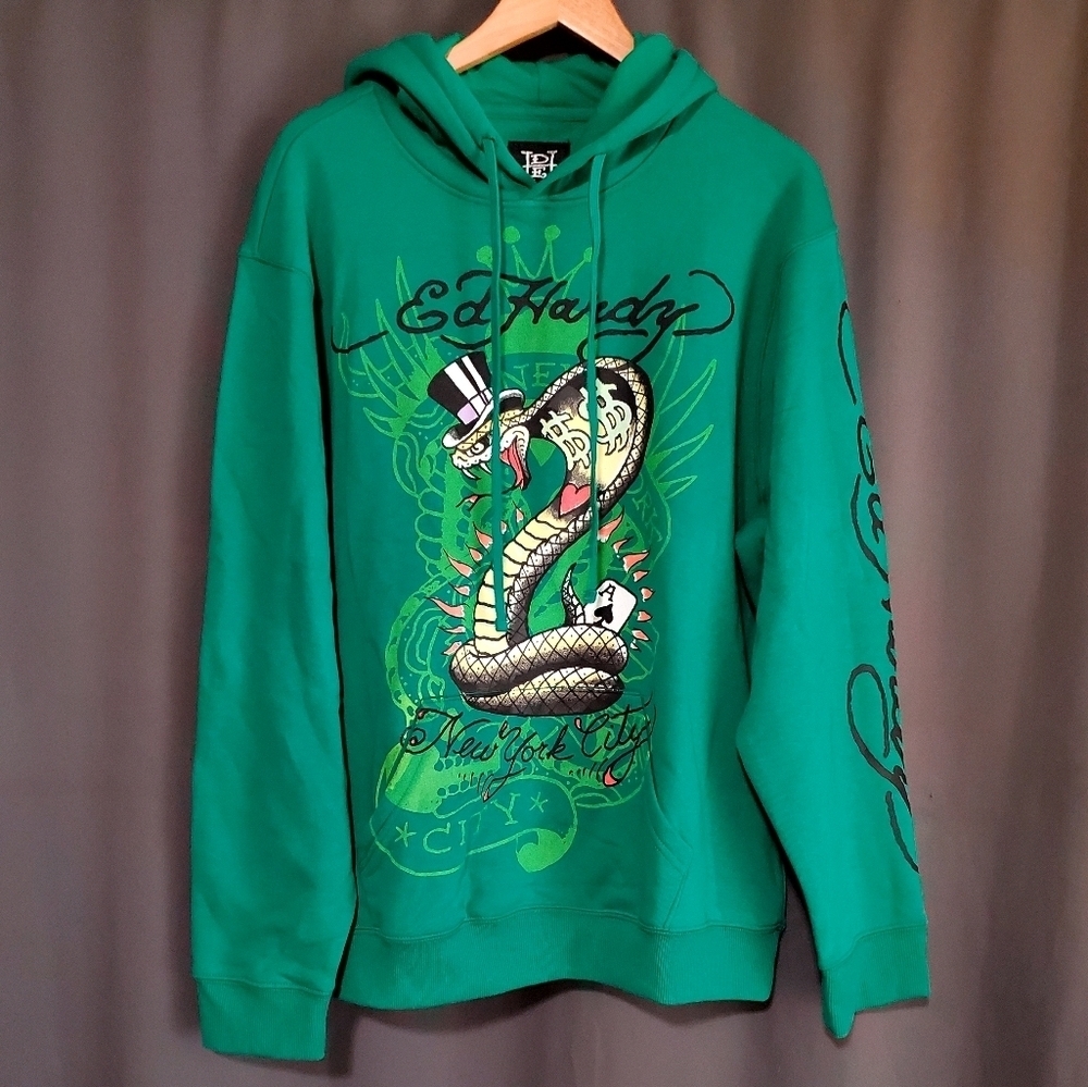 Ed Hardy Green New York City Snake Poker Graphic Hoodie Size XL NWT - Picture 9 of 9